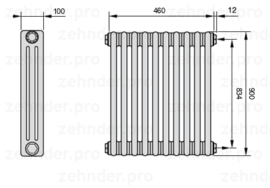 Схема (чертеж) Радиатор Zehnder Charleston 3090/10 №7610 Белый глянцевый RAL 9016